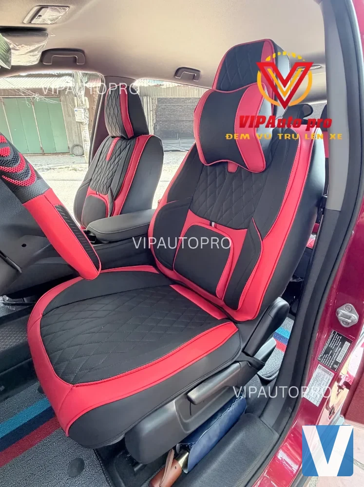 Áo Ghế Da Nappa Phom 12D Vân Trám Kim Cương – Bảo Hành 2 Năm – Đen viền đỏ (C21)
